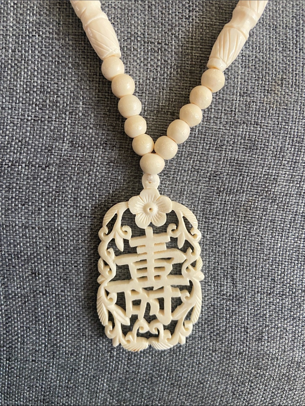 Vintage 60s Carved Bone Chinese Shou Longevity Symbol Necklace